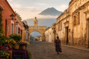 Antigua Guatemala történelmi belvárosa a Santa Catalina-ívvel és az Agua vulkánnal