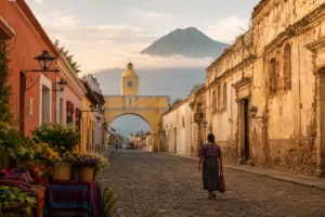 Antigua Guatemala történelmi belvárosa a Santa Catalina-ívvel és az Agua vulkánnal