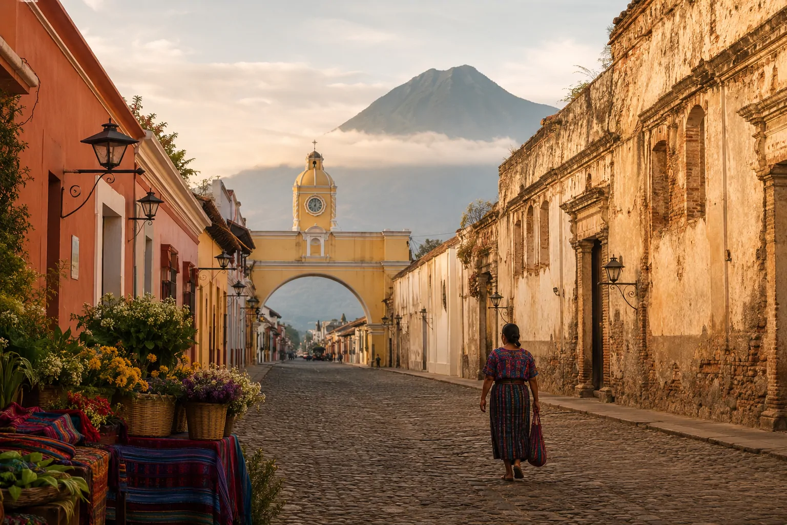 Antigua Guatemala történelmi belvárosa a Santa Catalina-ívvel és az Agua vulkánnal