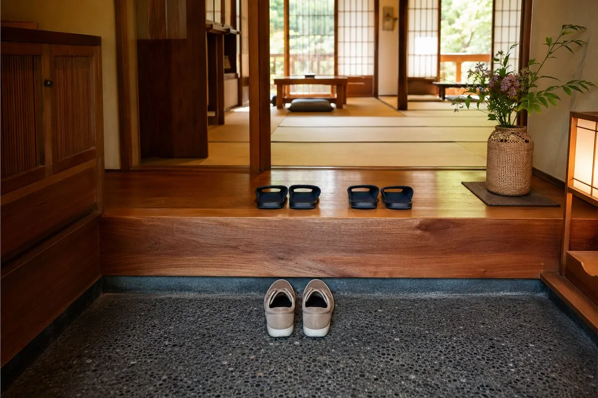 Cipők és papucsok egy tradicionális japán ryokan bejáratánál