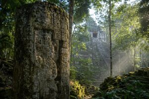 Faragott maja sztélé és templomrom a guatemalai esőerdőben