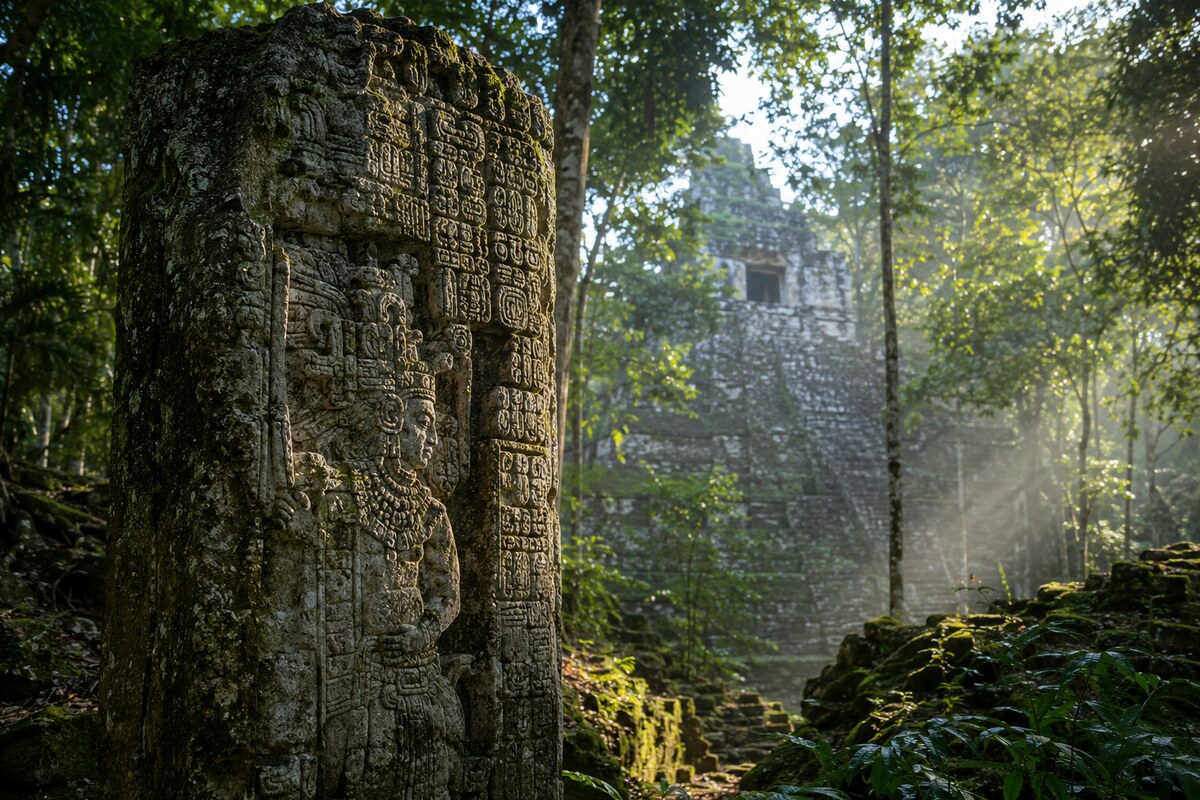 Faragott maja sztélé és templomrom a guatemalai esőerdőben
