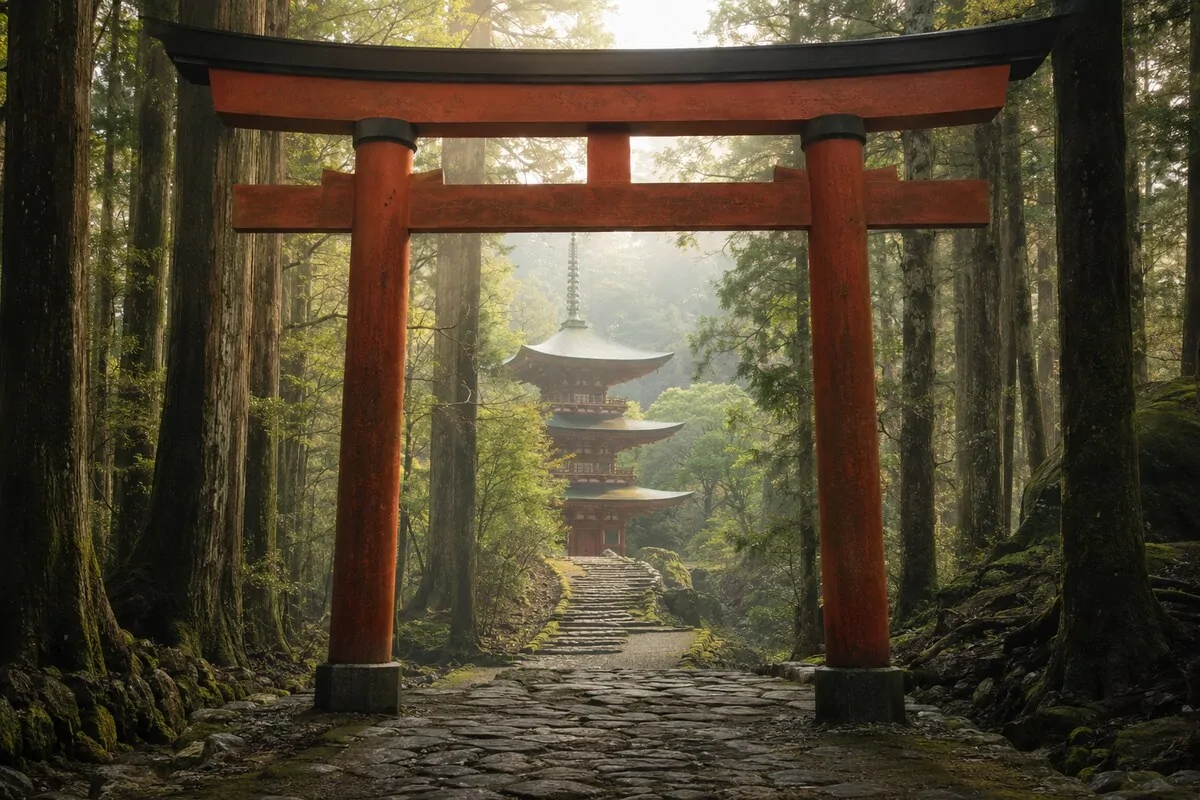 Vörös torii kapu és többszintes pagoda ködös japán cédruserdőben