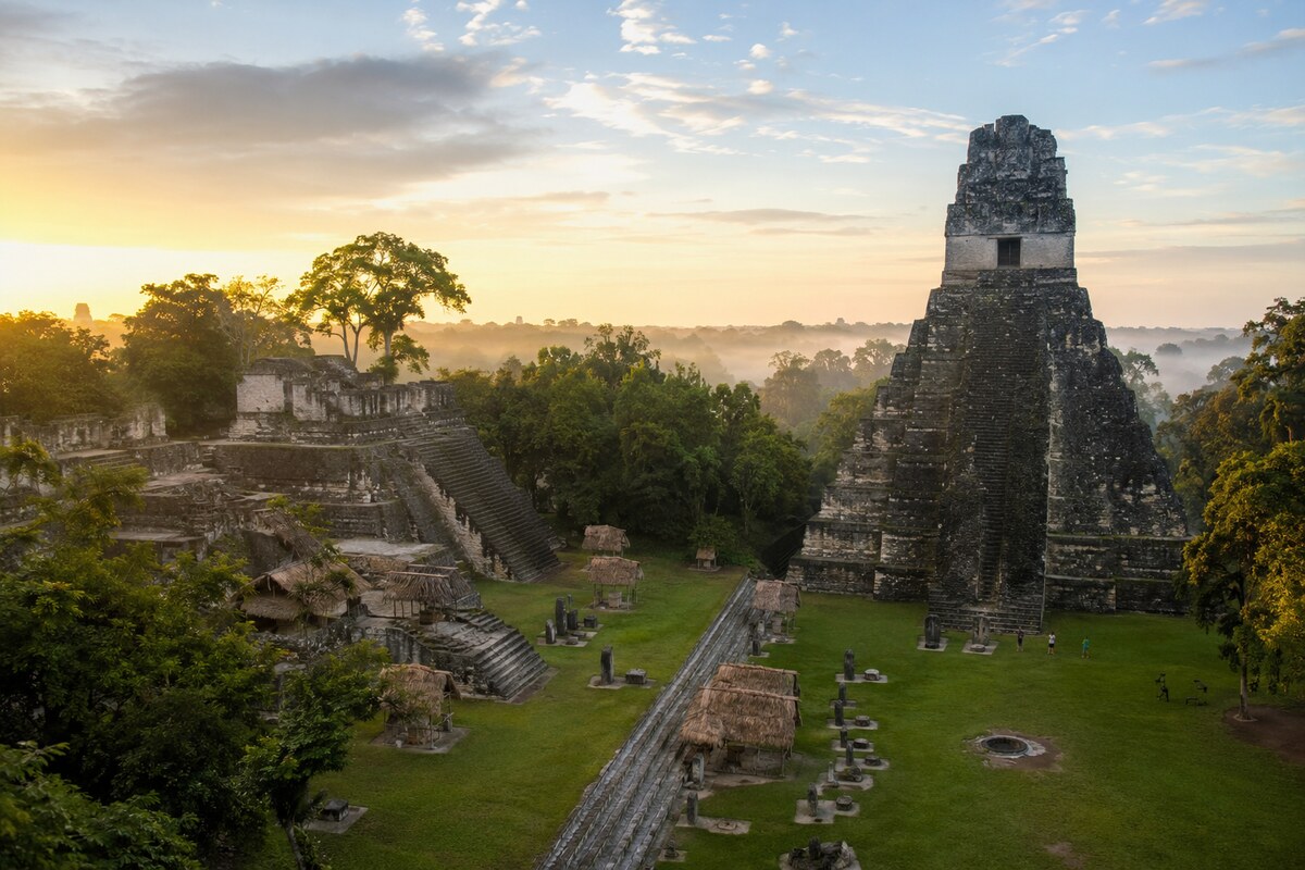 Tikal maja romvárosa a guatemalai dzsungelben napfelkeltekor
