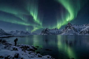 Sarki fény Tromsø közelében, havas norvég táj felett.